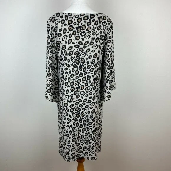 Dana Buchman Dress M Leopard Floral 3/4 Bell Sleeve Beige Tan Purple - Picture 6 of 11